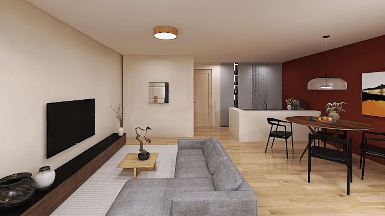 Living and dining space — warm Japanese-inspired design