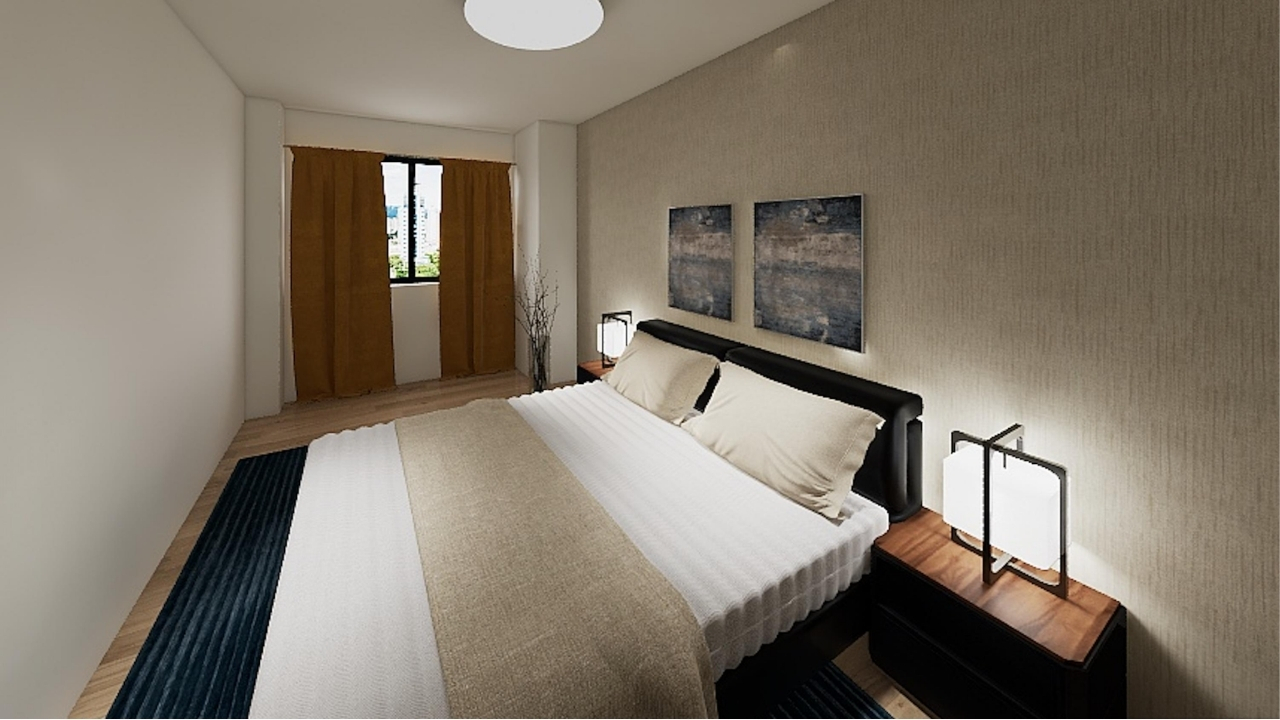 Bedroom with warm taupe and Japanese table lamps