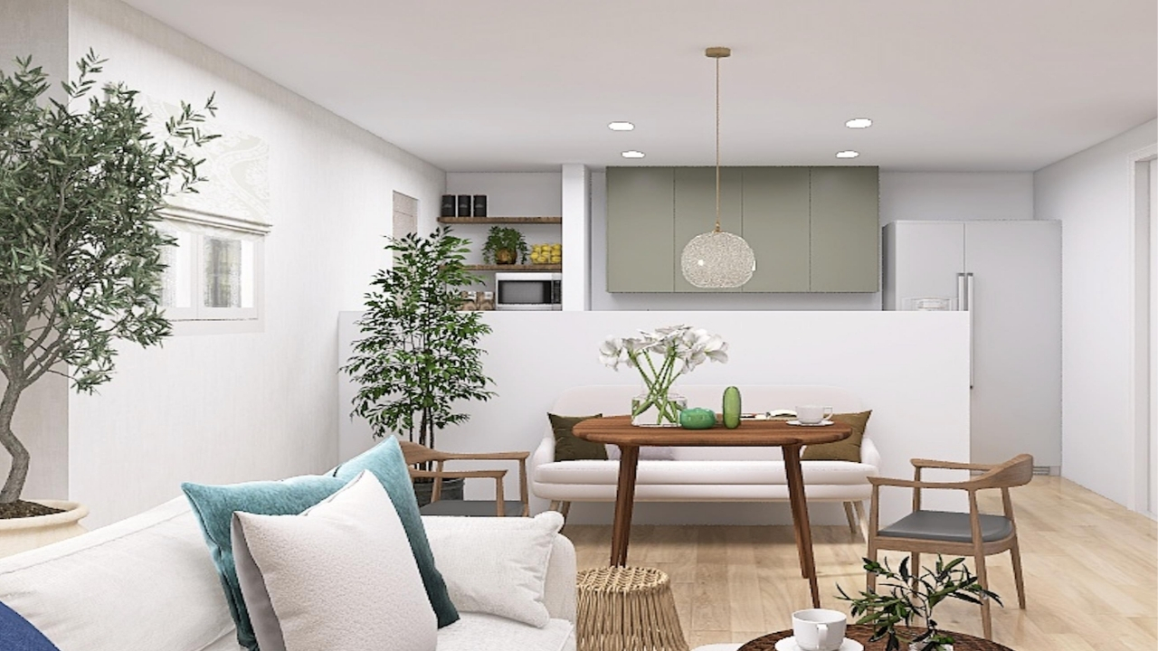 Open kitchen and dining with sage and natural wood